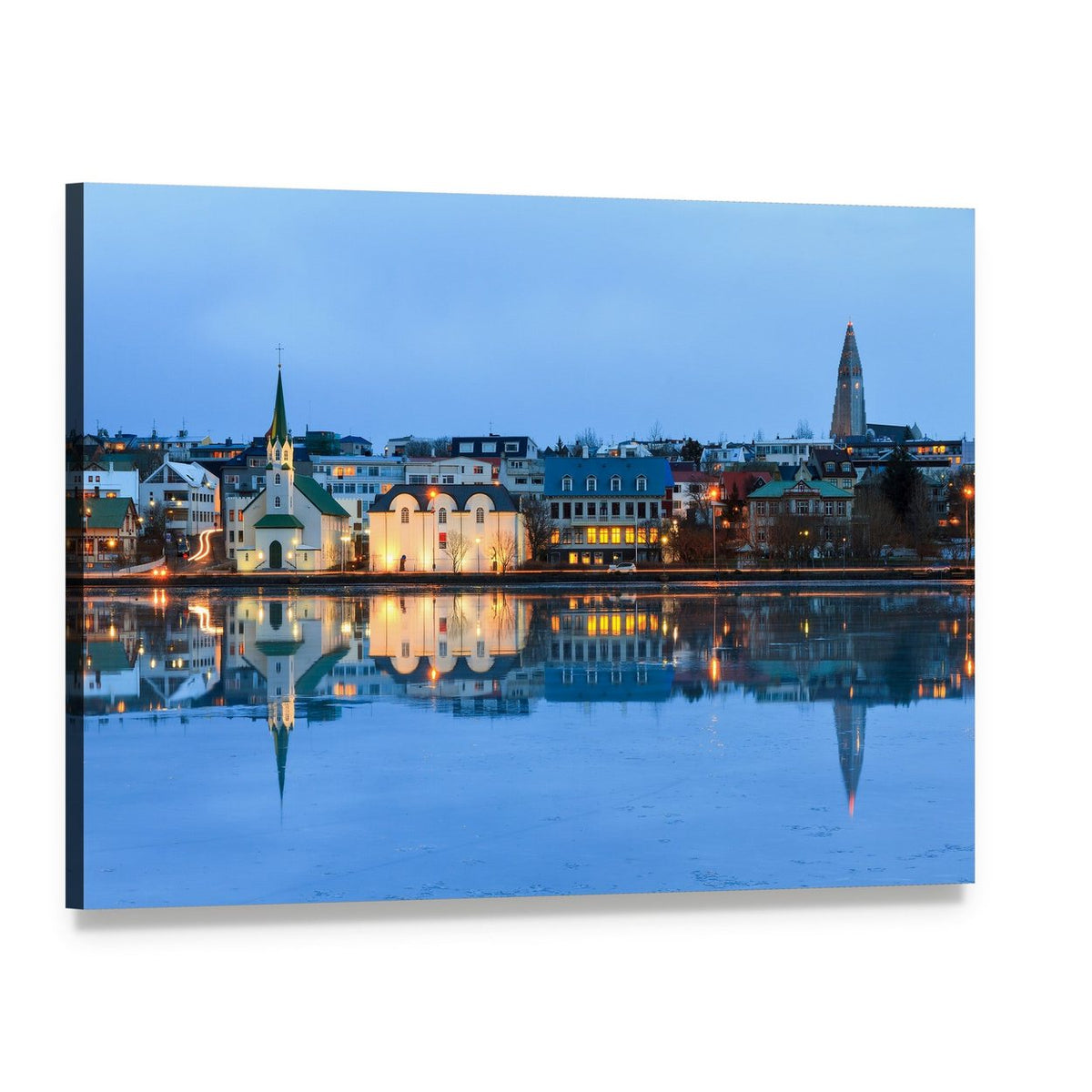 Reykjavik Reflection at Dusk Canvas Wall Art, single panel gallery wrapped canvas, angled product view