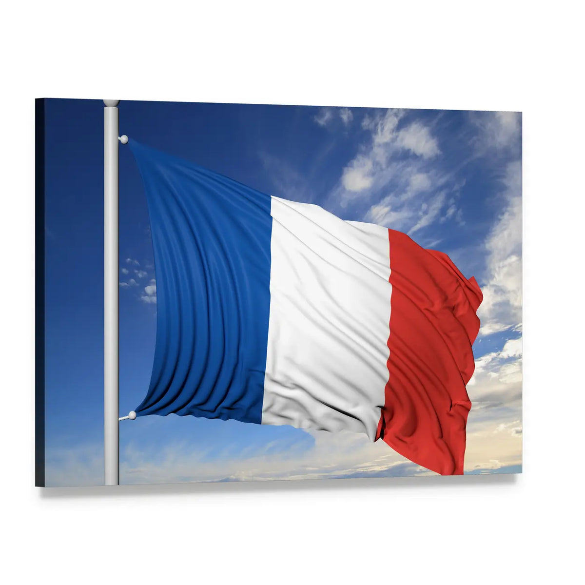 Waving French Flag Canvas Wall Art, single panel gallery wrapped canvas, angled product view