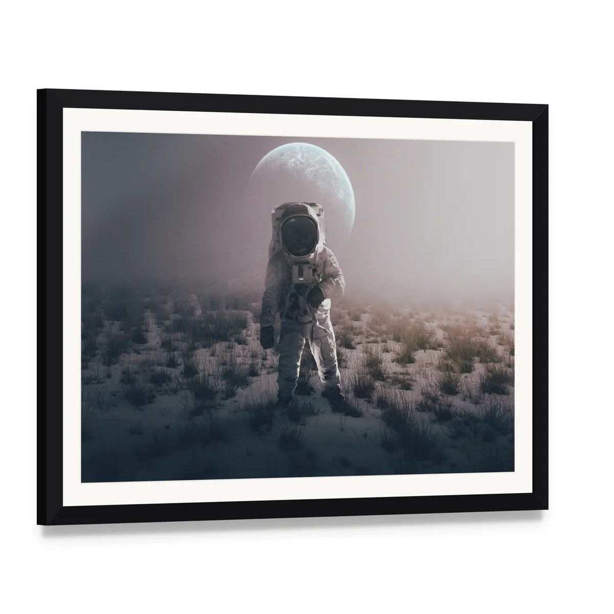 Astronaut in Alien World Canvas Wall Art, framed print with white mat and black frame, angled product view