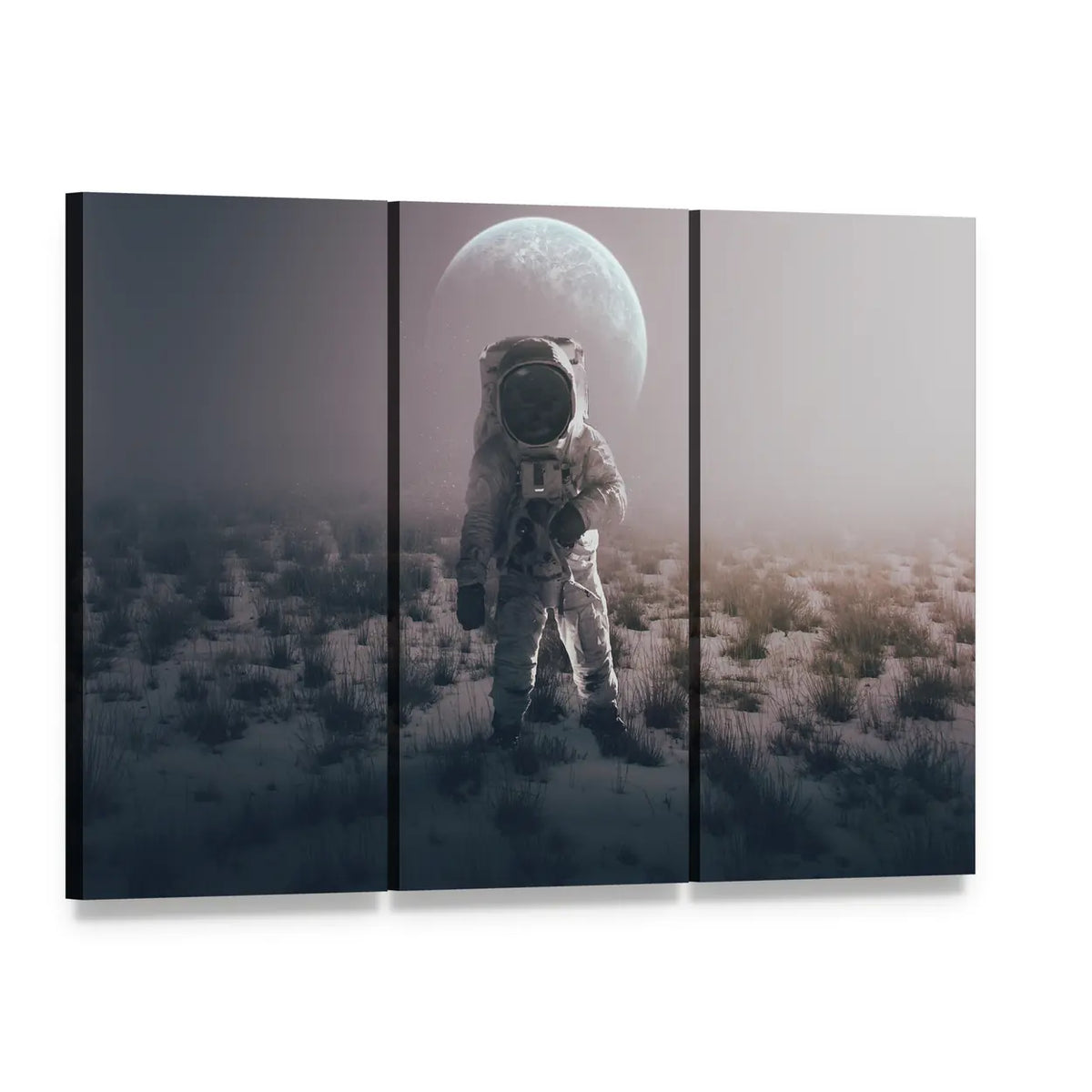 Astronaut in Alien World Canvas Wall Art, 3 panel 3 Horizontal layout gallery wrapped canvas set, angled product view