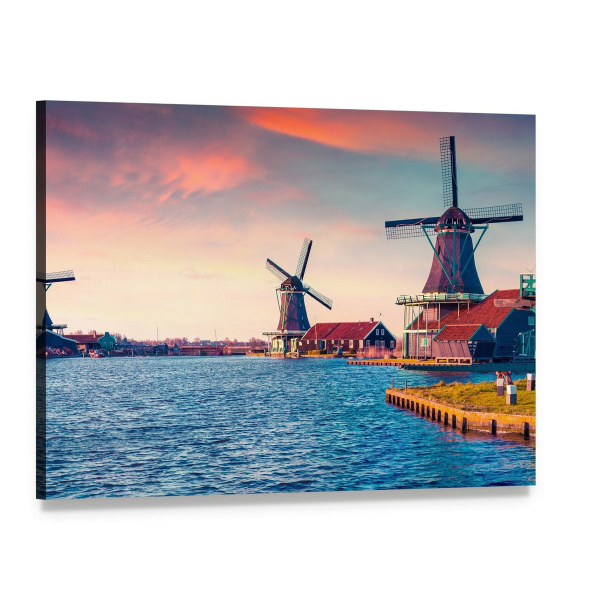 Dutch Windmills by a Peaceful Lake Canvas Wall Art, single panel gallery wrapped canvas, angled product view