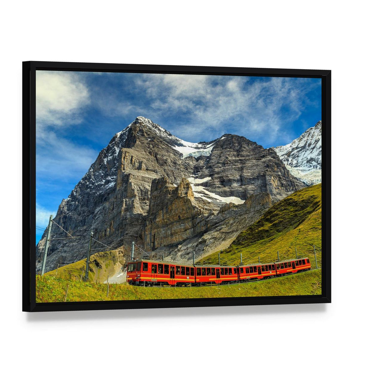 Red Electric Train Switzerland Canvas Wall Art, framed canvas in a black floater frame, angled product view