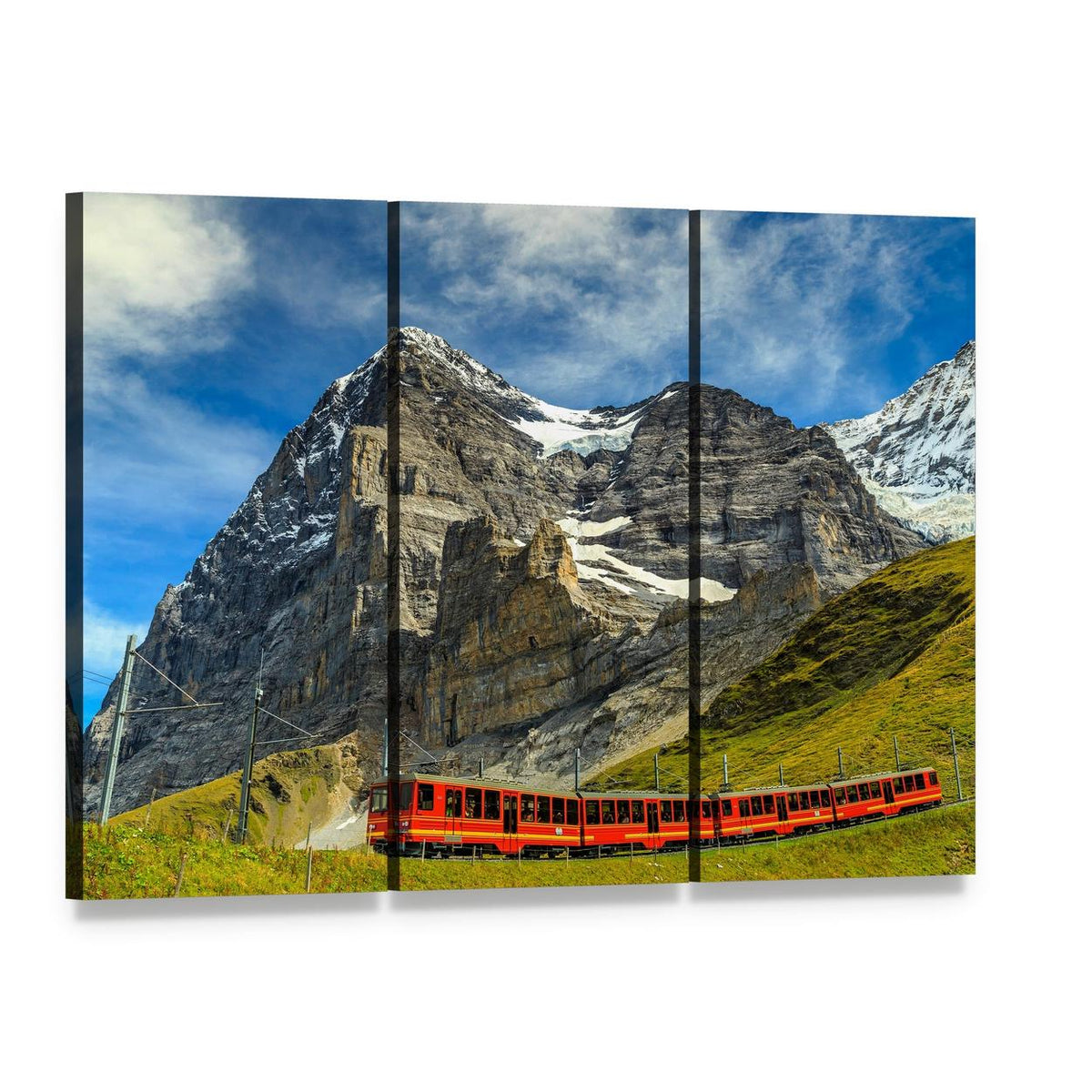 Red Electric Train Switzerland Canvas Wall Art, 3 panel 3 Horizontal layout gallery wrapped canvas set, angled product view