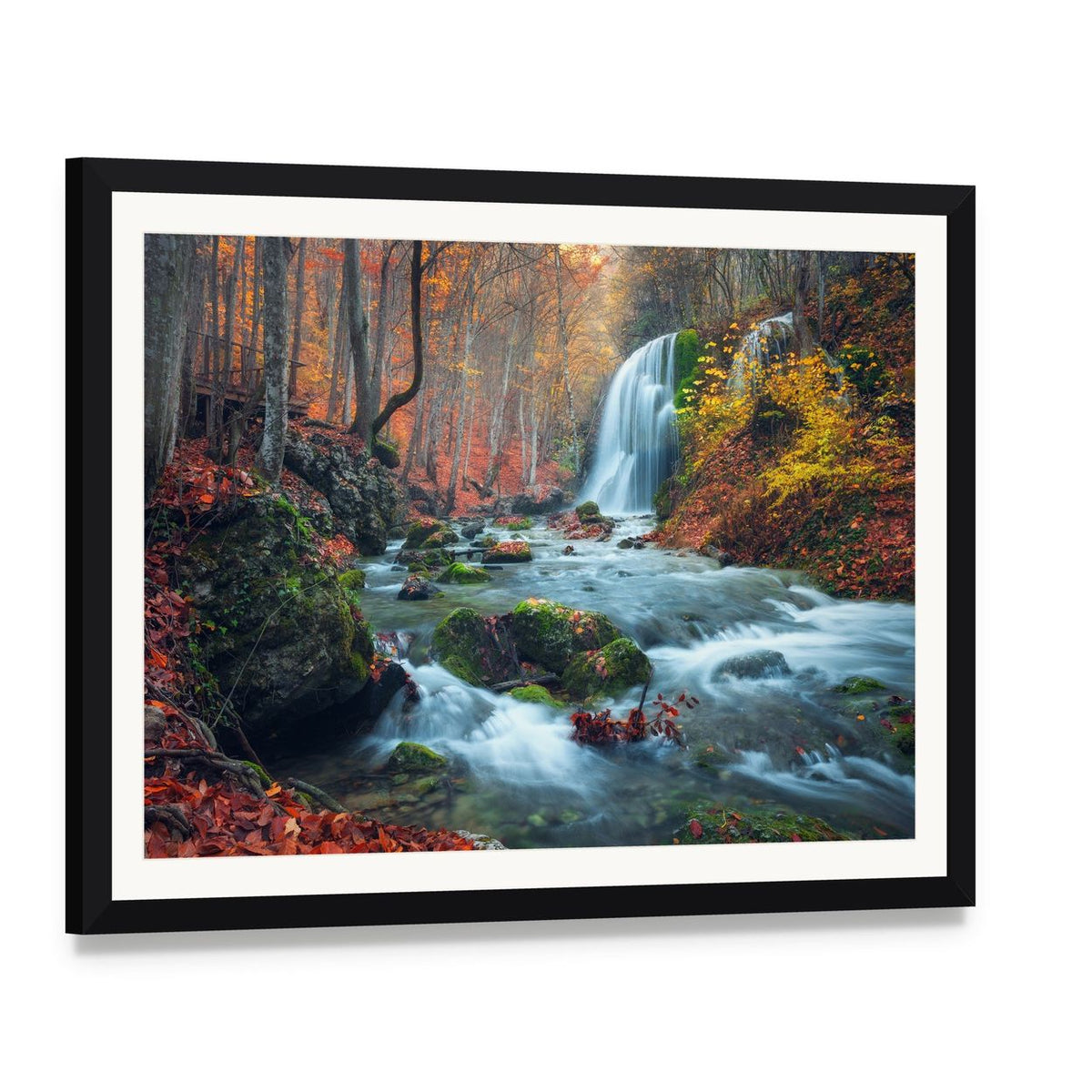 Silver Stream Waterfall in Grand Canyon of Crimea at Sunset Canvas Wall Art, framed print with white mat and black frame, angled product view