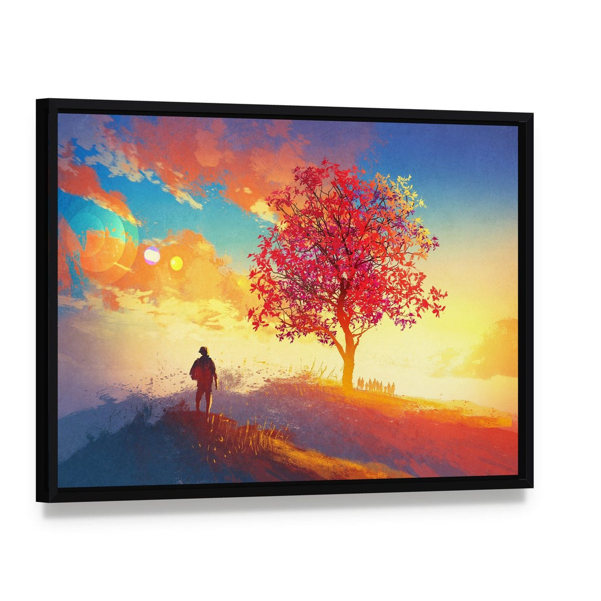 Autumn Landscape with Alone Tree Canvas Wall Art, framed canvas in a black floater frame, angled product view