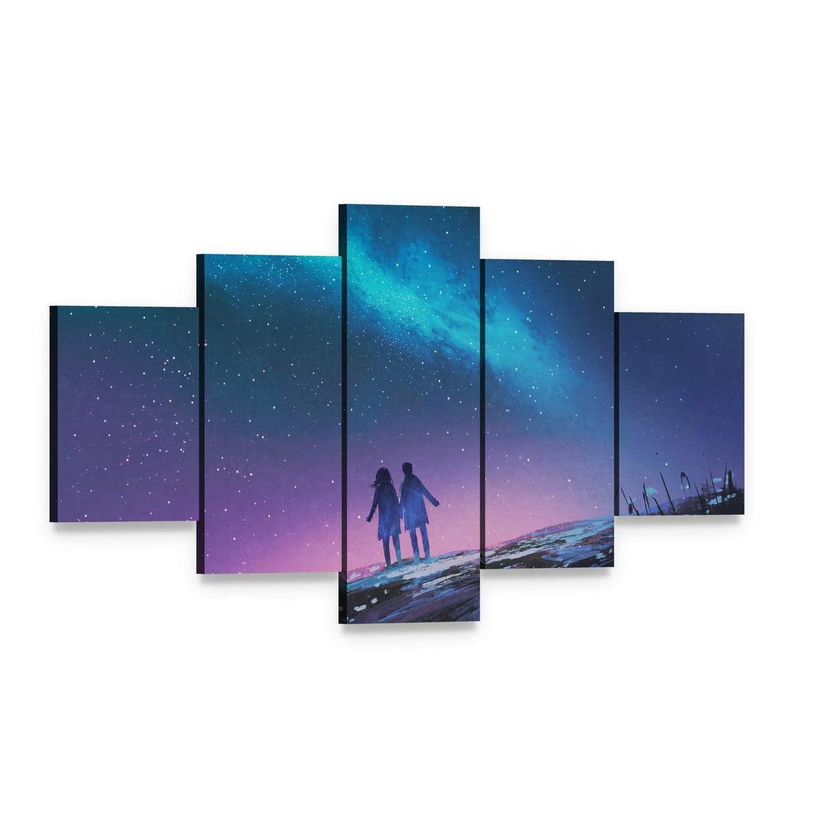 Couple Gazing at Milky Way Galaxy Canvas Wall Art, 5 panel 5 Star layout gallery wrapped canvas set, angled product view