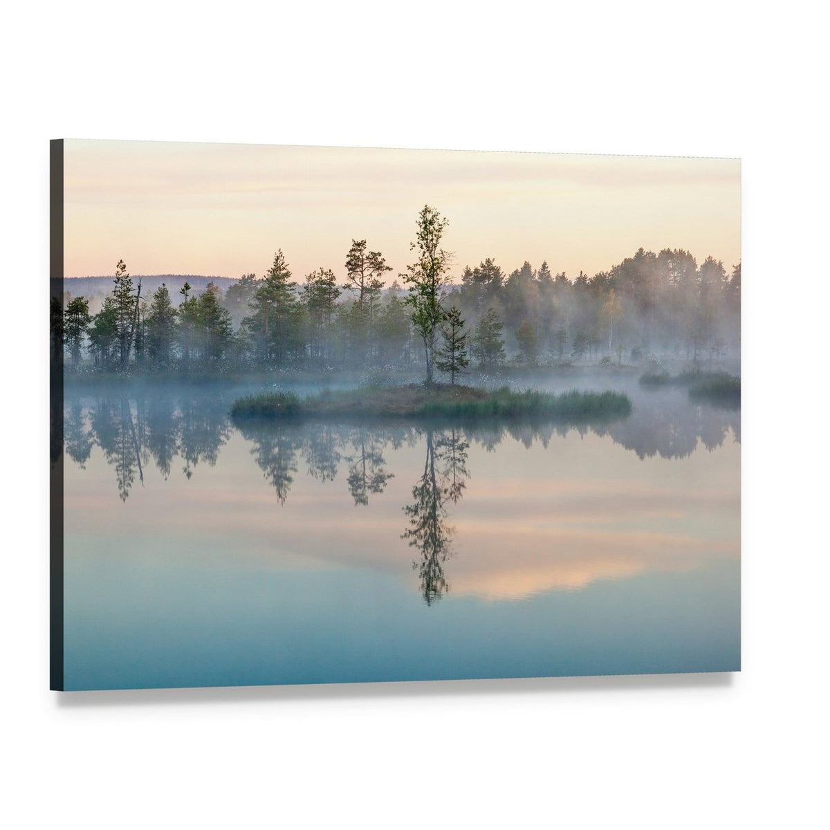 Morning Fog on Lake Canvas Wall Art, single panel gallery wrapped canvas, angled product view