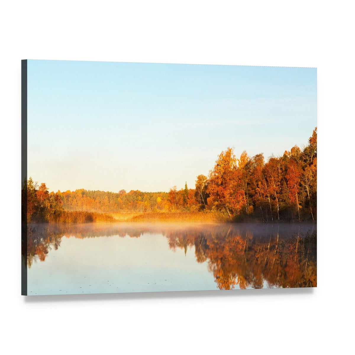 Misty Lake at Dawn Canvas Wall Art, single panel gallery wrapped canvas, angled product view