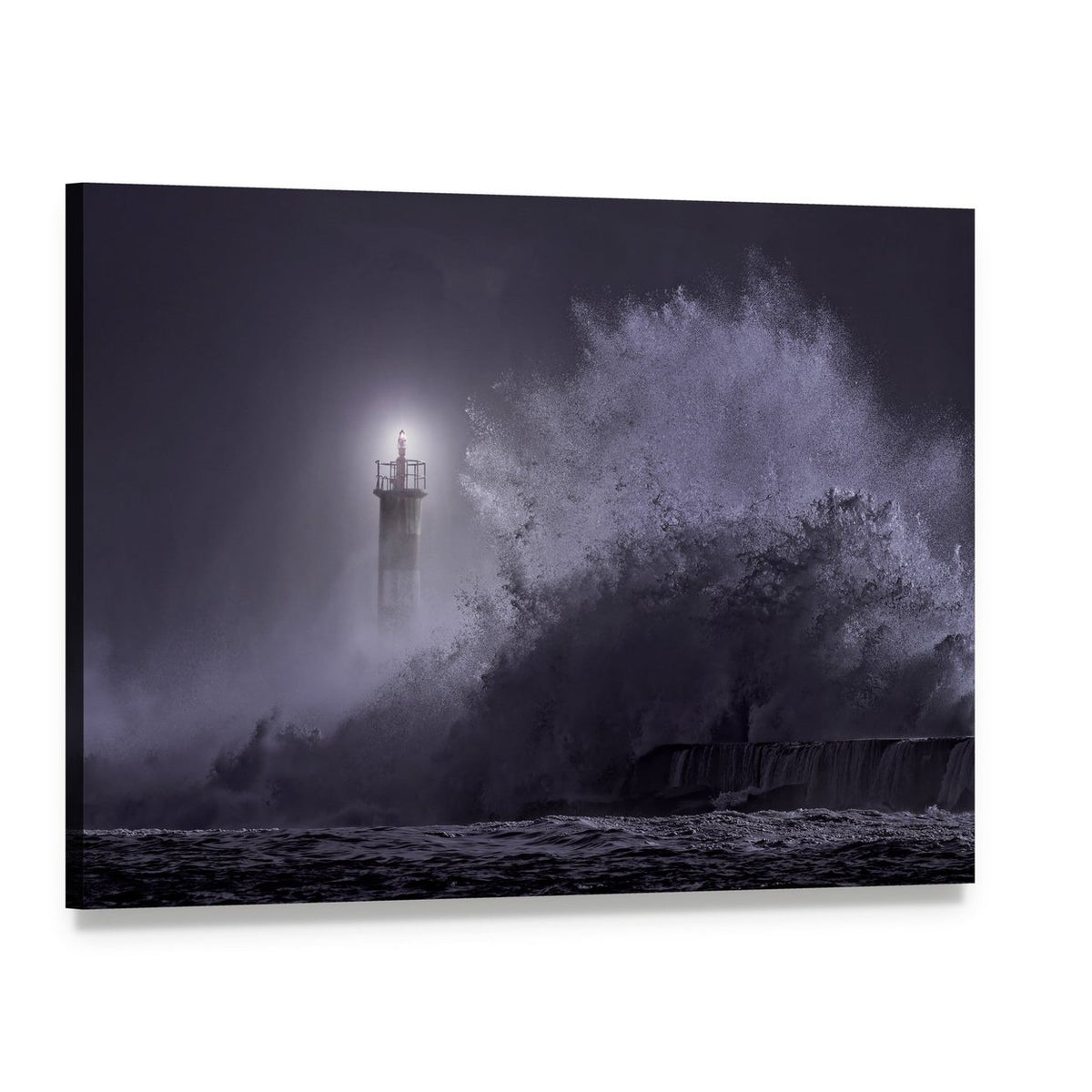 Stormy Night Lighthouse with Crashing Waves Canvas Wall Art, single panel gallery wrapped canvas, angled product view