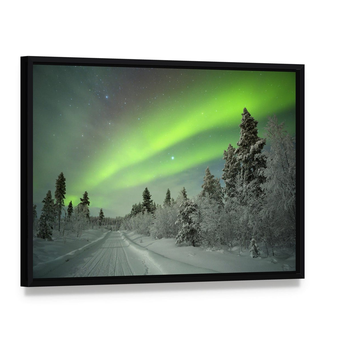 Aurora Borealis Winter Landscape Canvas Wall Art, framed canvas in a black floater frame, angled product view