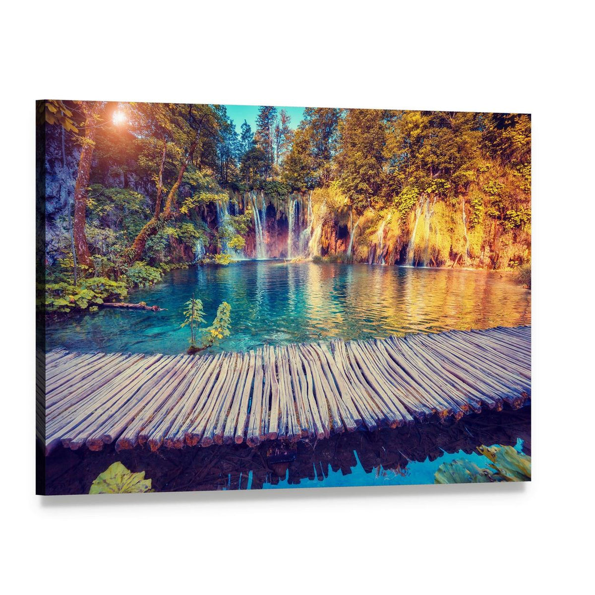 Plitvice Lakes Turquoise Water and Sunlit Boardwalk Canvas Wall Art, single panel gallery wrapped canvas, angled product view