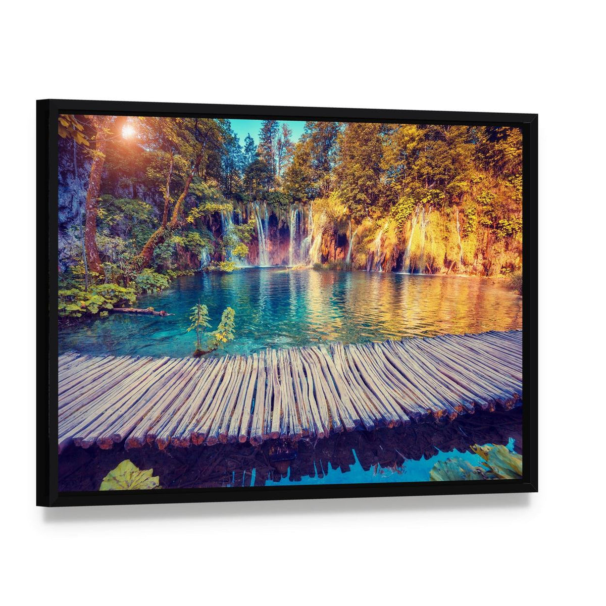 Plitvice Lakes Turquoise Water and Sunlit Boardwalk Canvas Wall Art, framed canvas in a black floater frame, angled product view