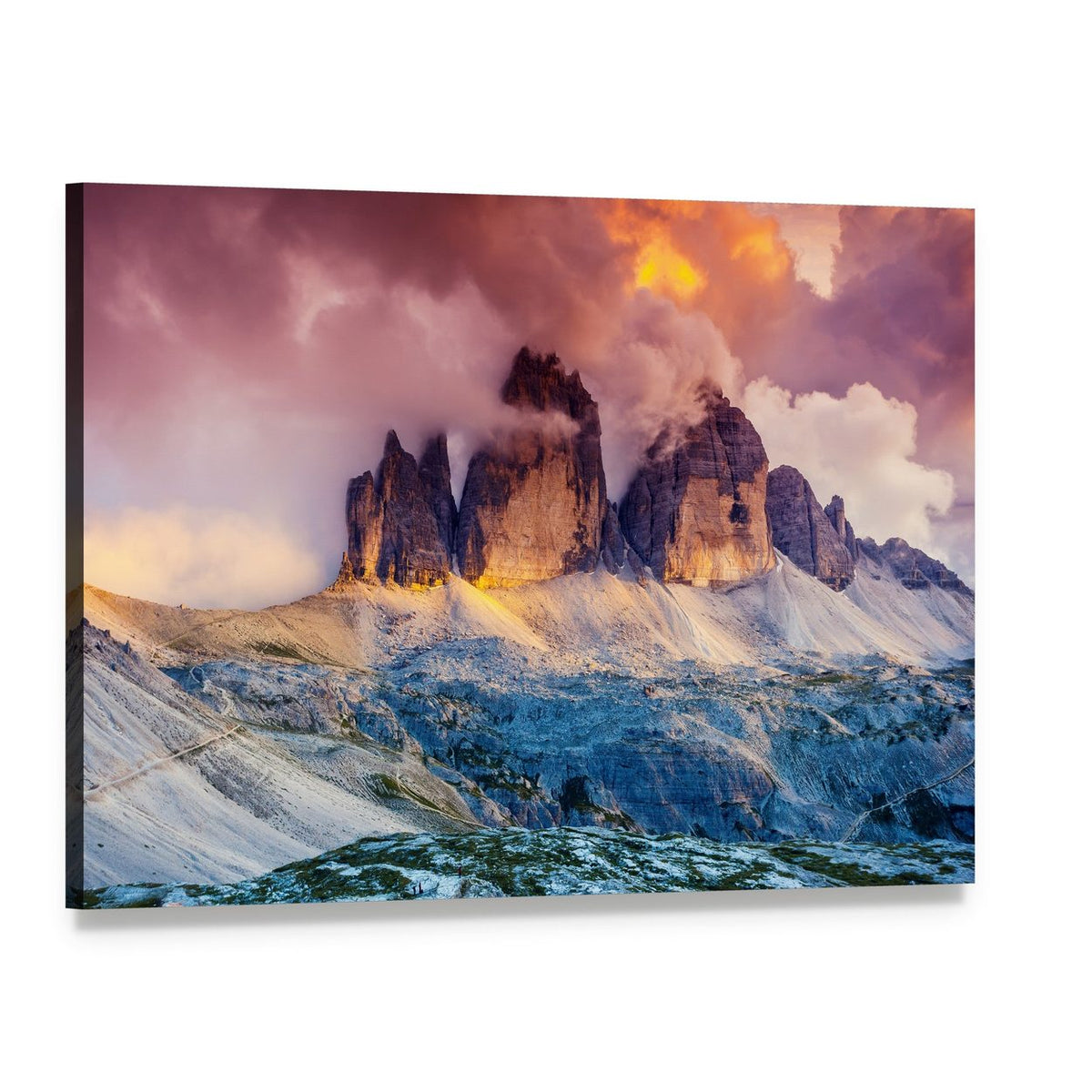Foggy Mountain Rifugio at Sunset Canvas Wall Art, single panel gallery wrapped canvas, angled product view