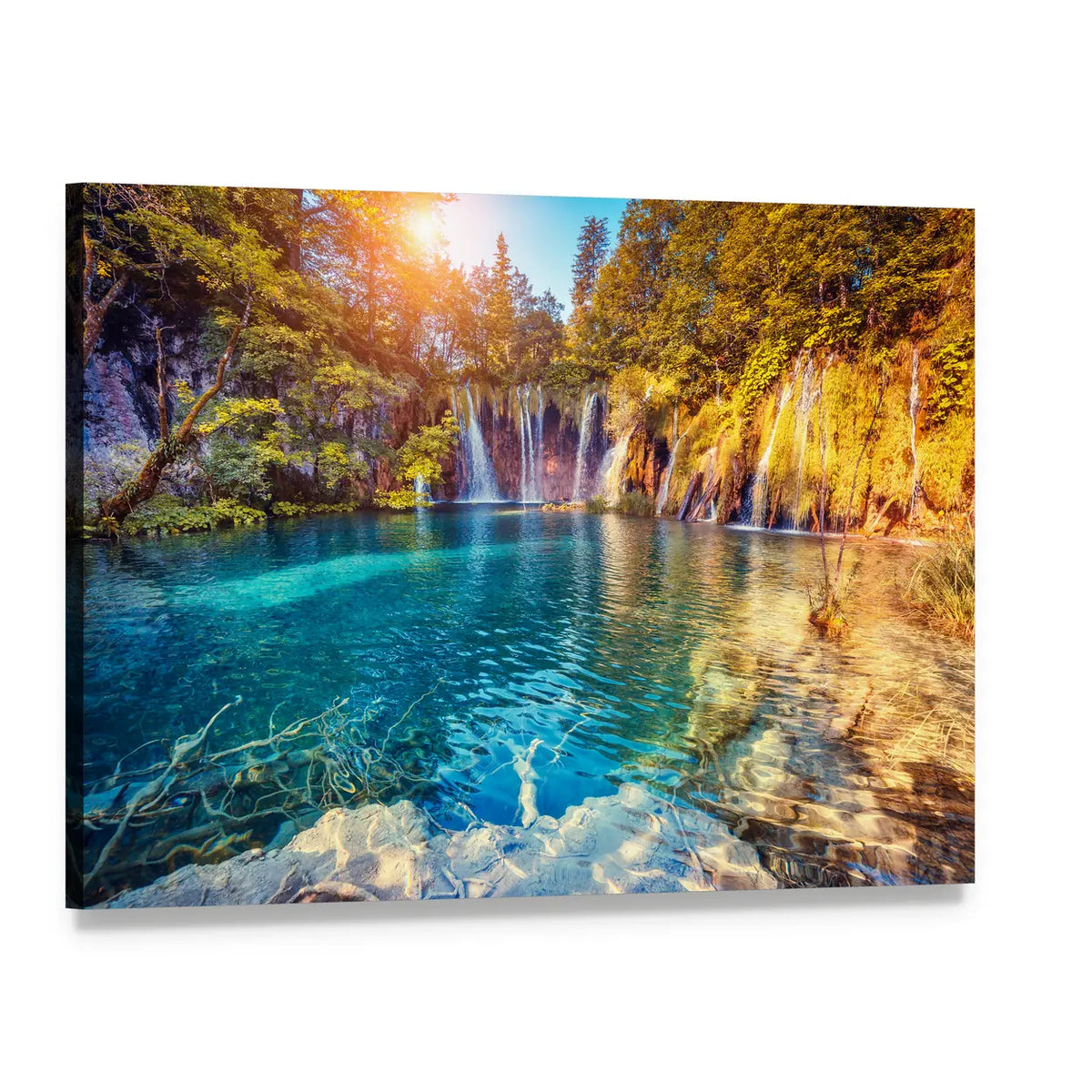 Turquoise Waterfall Over Clear Lake Canvas Wall Art, single panel gallery wrapped canvas, angled product view