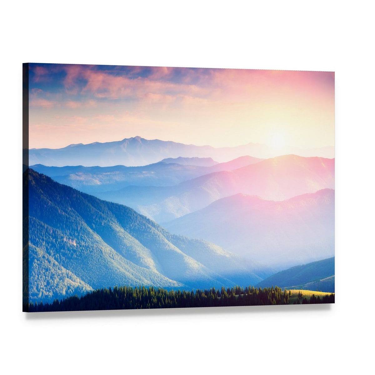 Mountains with Sunny Beams Canvas Wall Art, single panel gallery wrapped canvas, angled product view