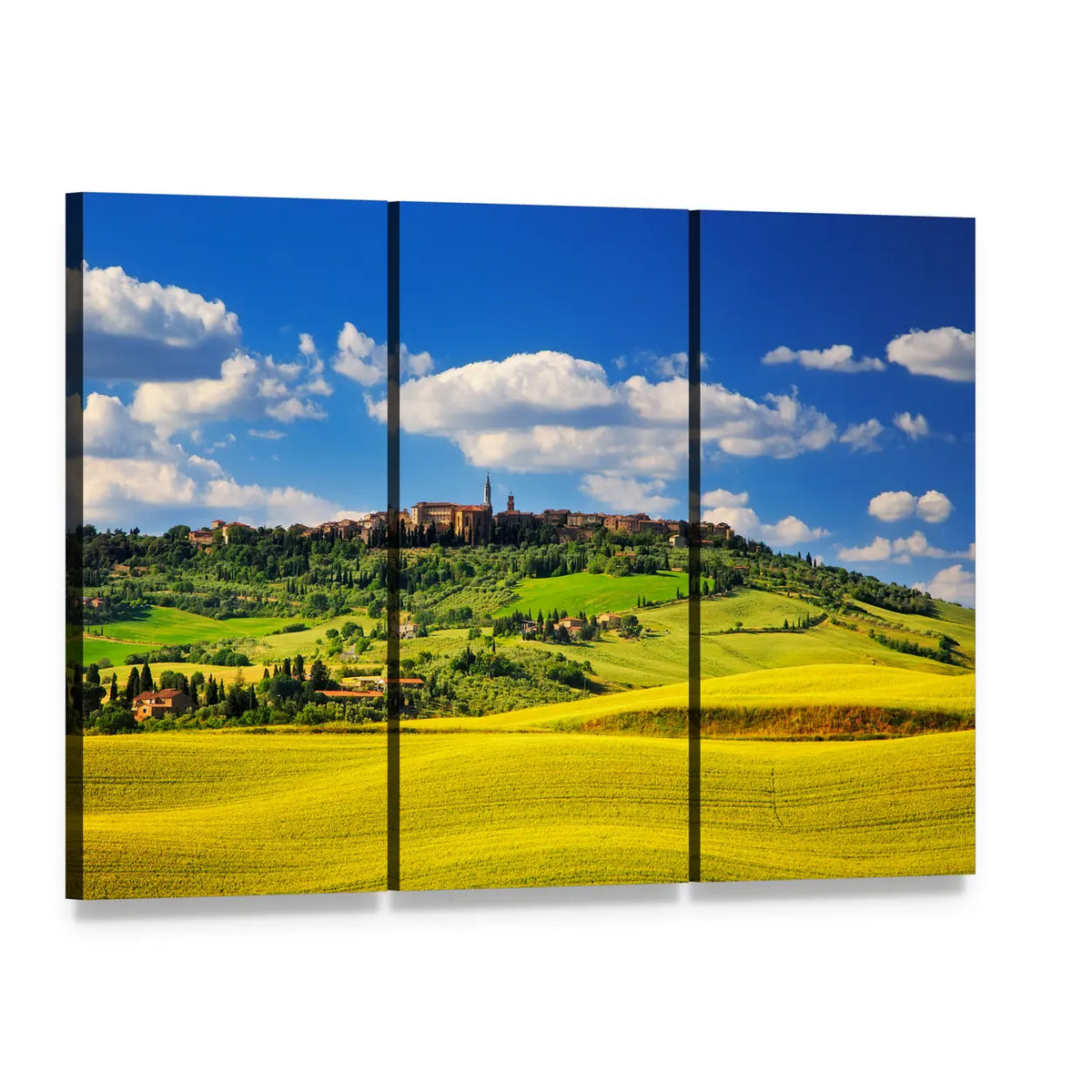 Pienza Medieval Village in Summer Canvas Wall Art, 3 panel 3 Horizontal layout gallery wrapped canvas set, angled product view