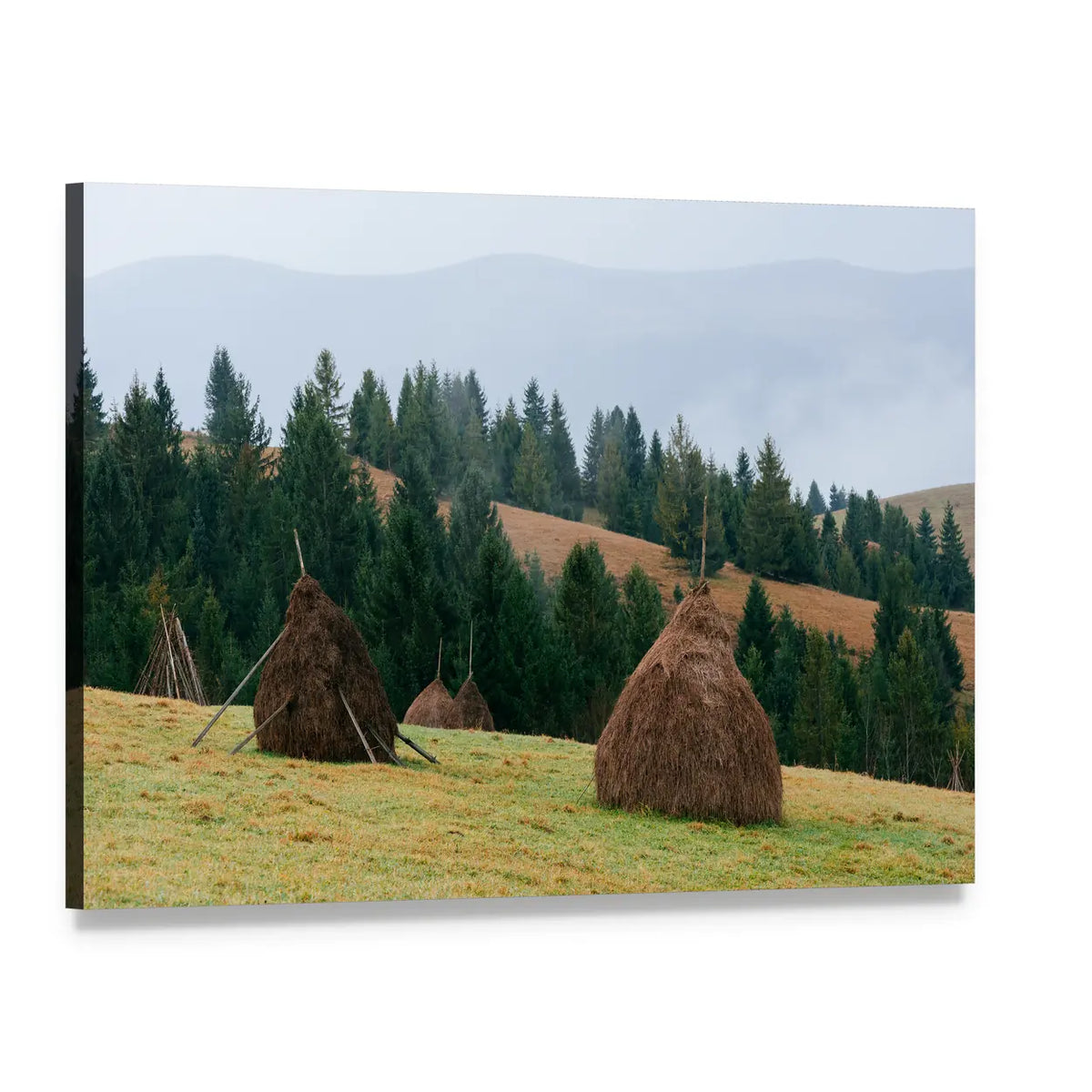 Three Haystacks in Autumn Field Canvas Wall Art, single panel gallery wrapped canvas, angled product view