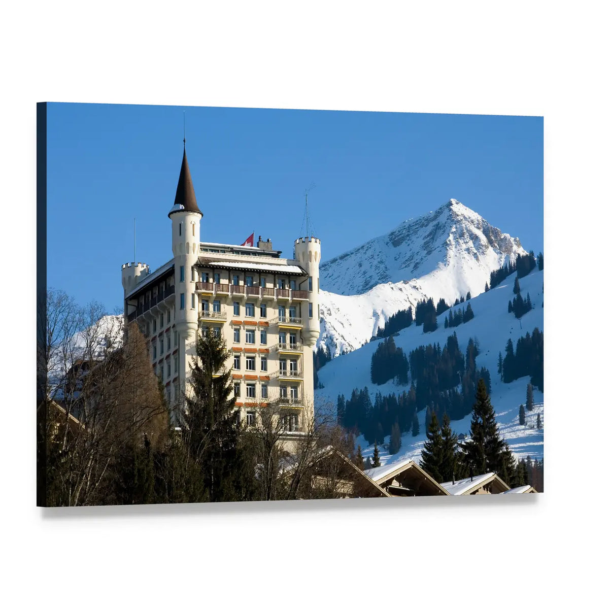 Gstaad Castle-like Hotel with Mountain Peak Canvas Wall Art, single panel gallery wrapped canvas, angled product view