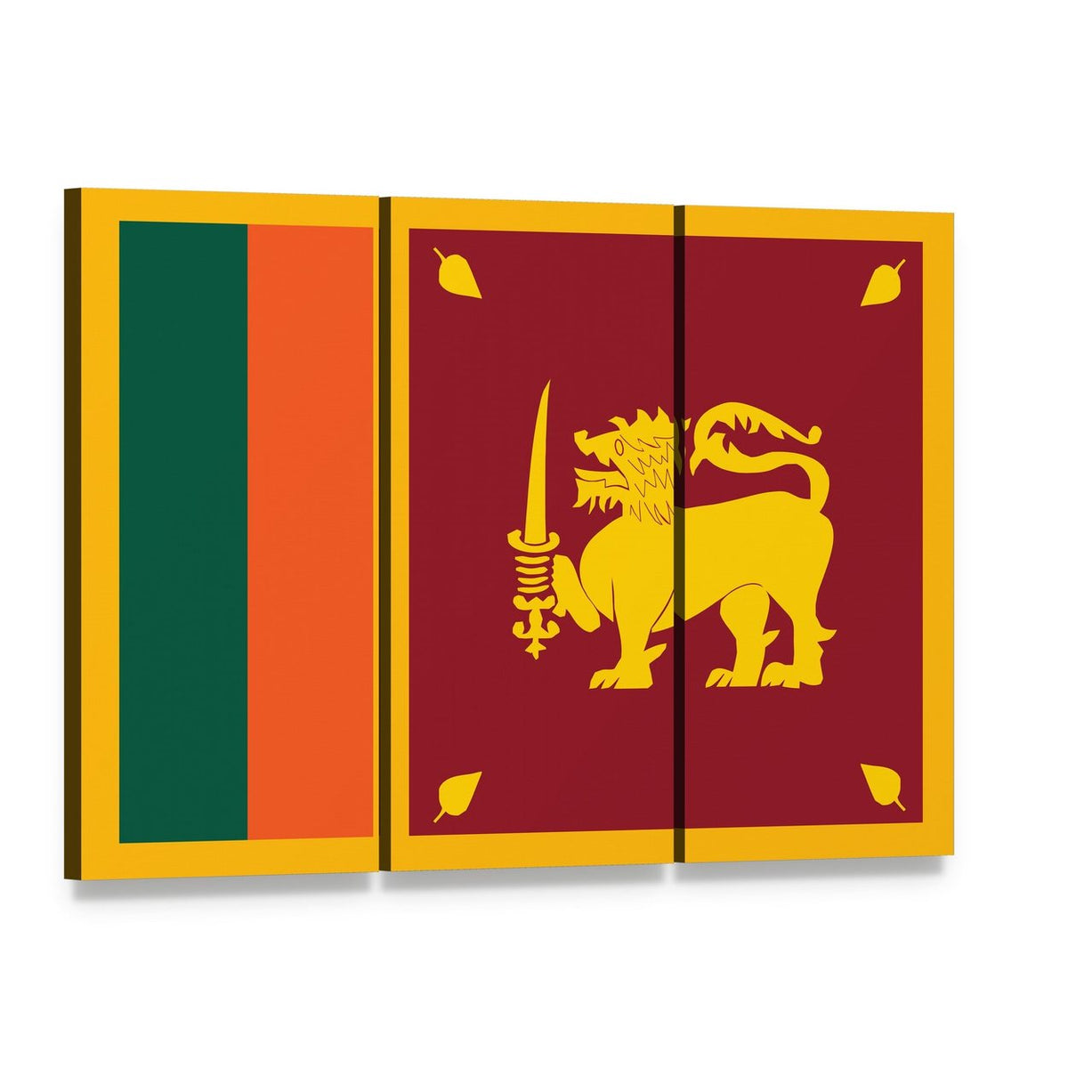 Sri Lanka Flag with Gold Lion Emblem Canvas Wall Art, 3 panel 3 Horizontal layout gallery wrapped canvas set, angled product view