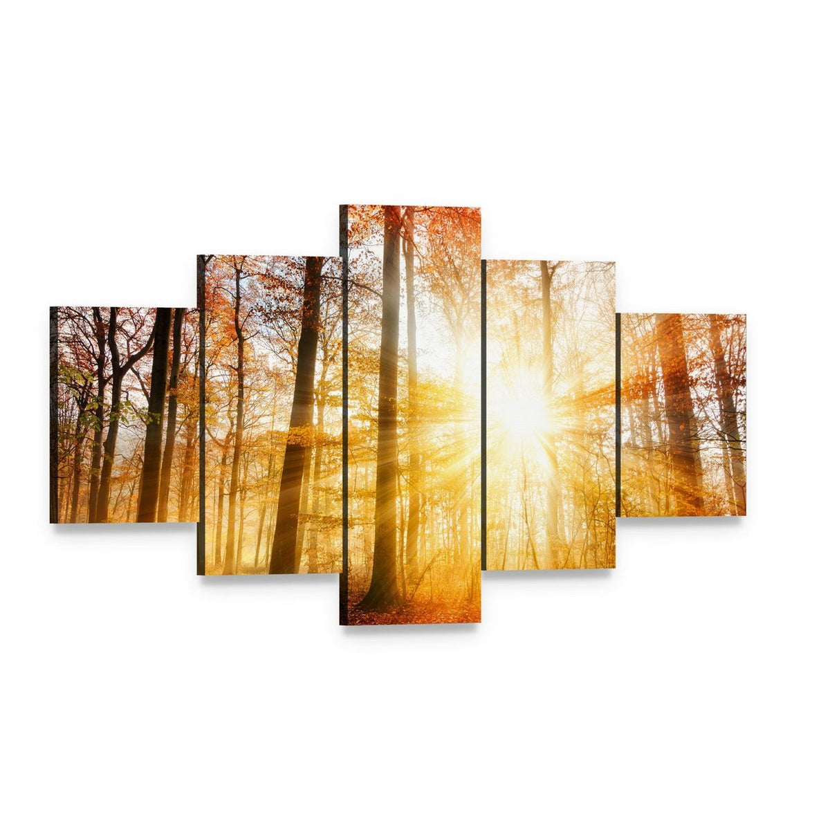Warm Autumn Scenery in a Forest with Sun Rays Canvas Wall Art, 5 panel 5 Star layout gallery wrapped canvas set, angled product view