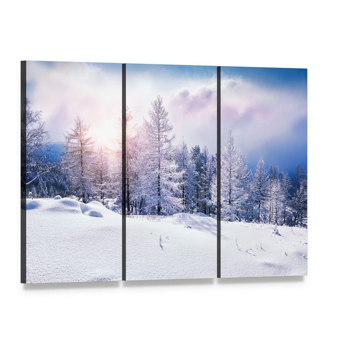 Snow Covered Trees at Sunset Canvas Wall Art, 3 panel 3 Horizontal layout gallery wrapped canvas set, angled product view