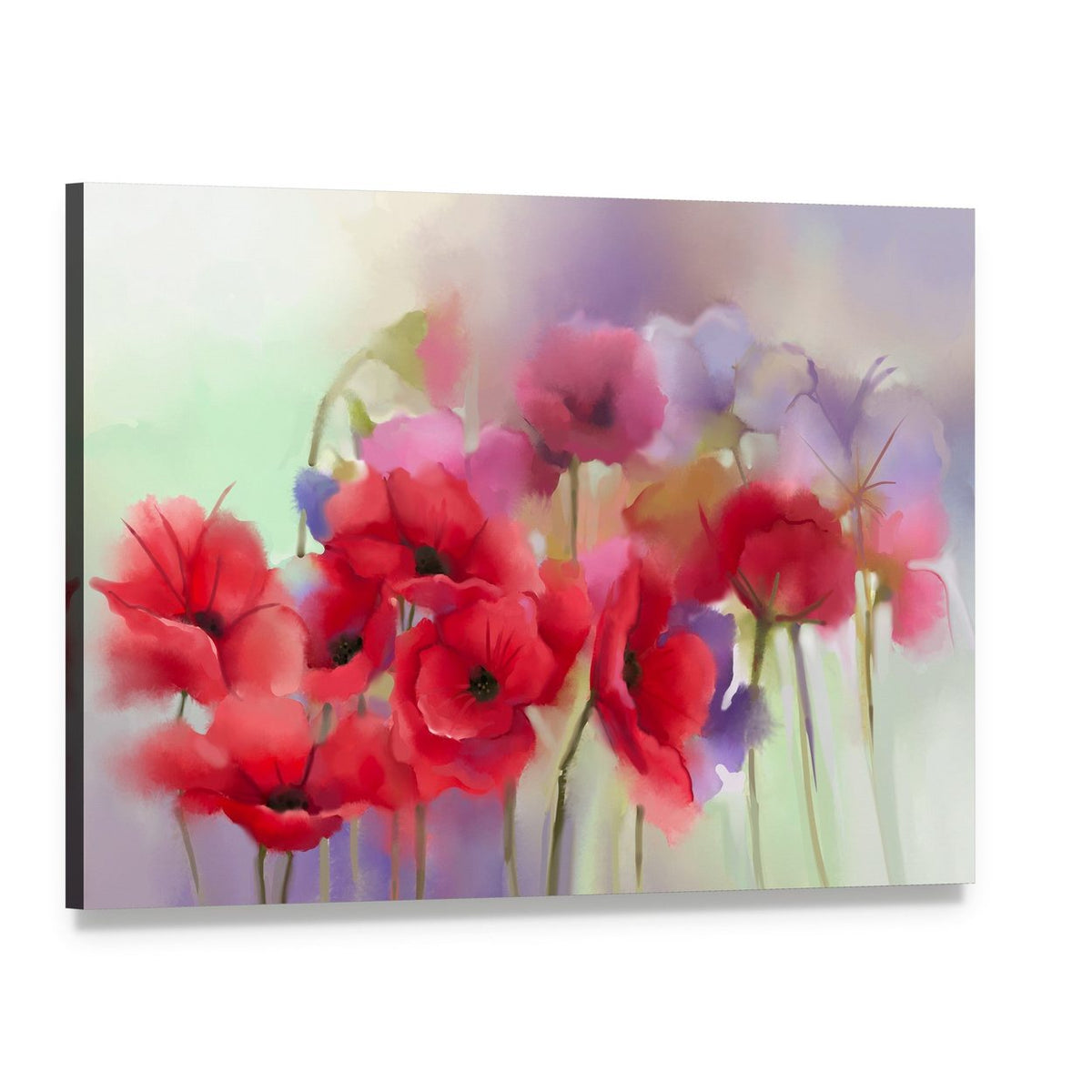 Watercolor Red Poppy Flowers Painting Canvas Wall Art, single panel gallery wrapped canvas, angled product view