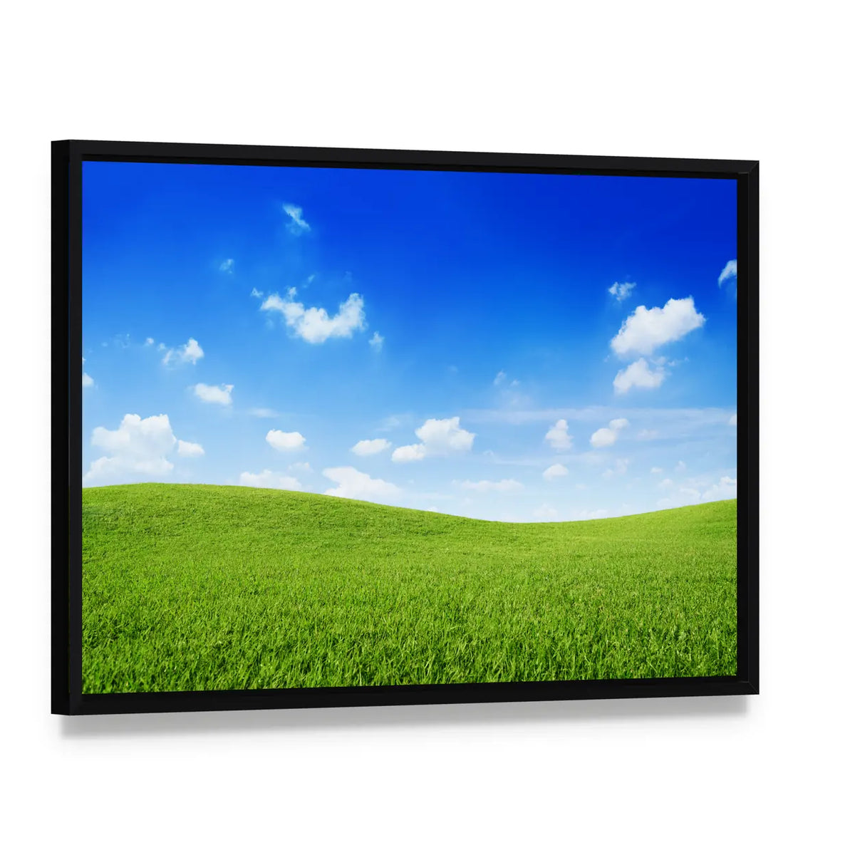 Green Grassy Hills Canvas Wall Art, framed canvas in a black floater frame, angled product view