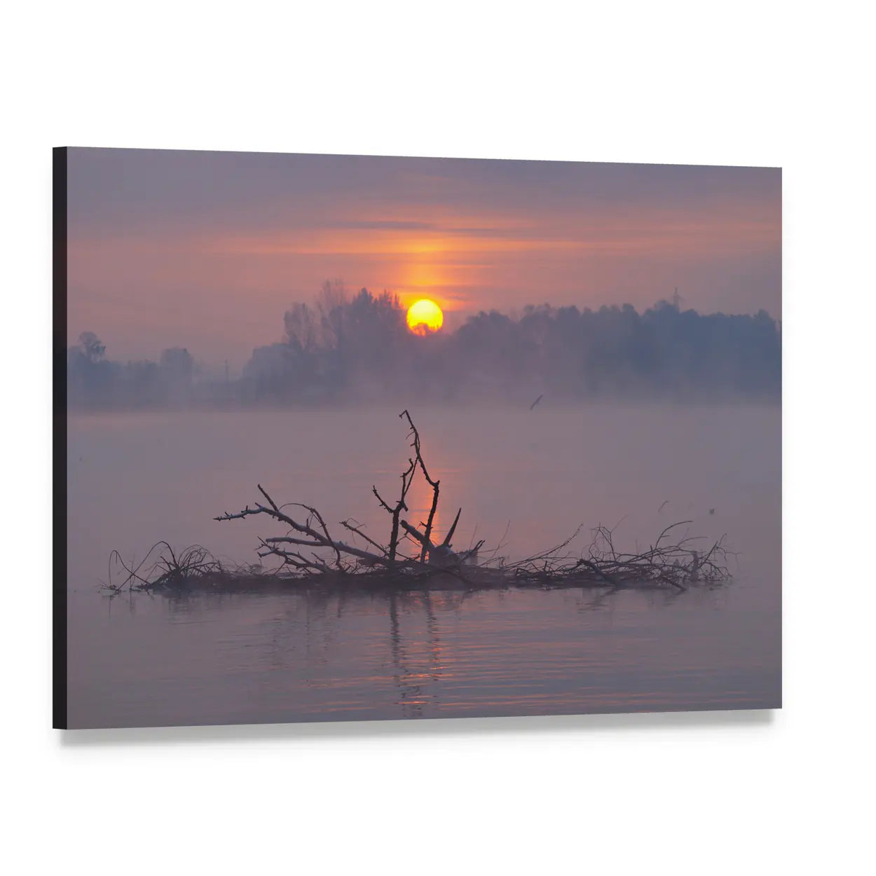 Misty Lake Sunrise Canvas Wall Art, single panel gallery wrapped canvas, angled product view