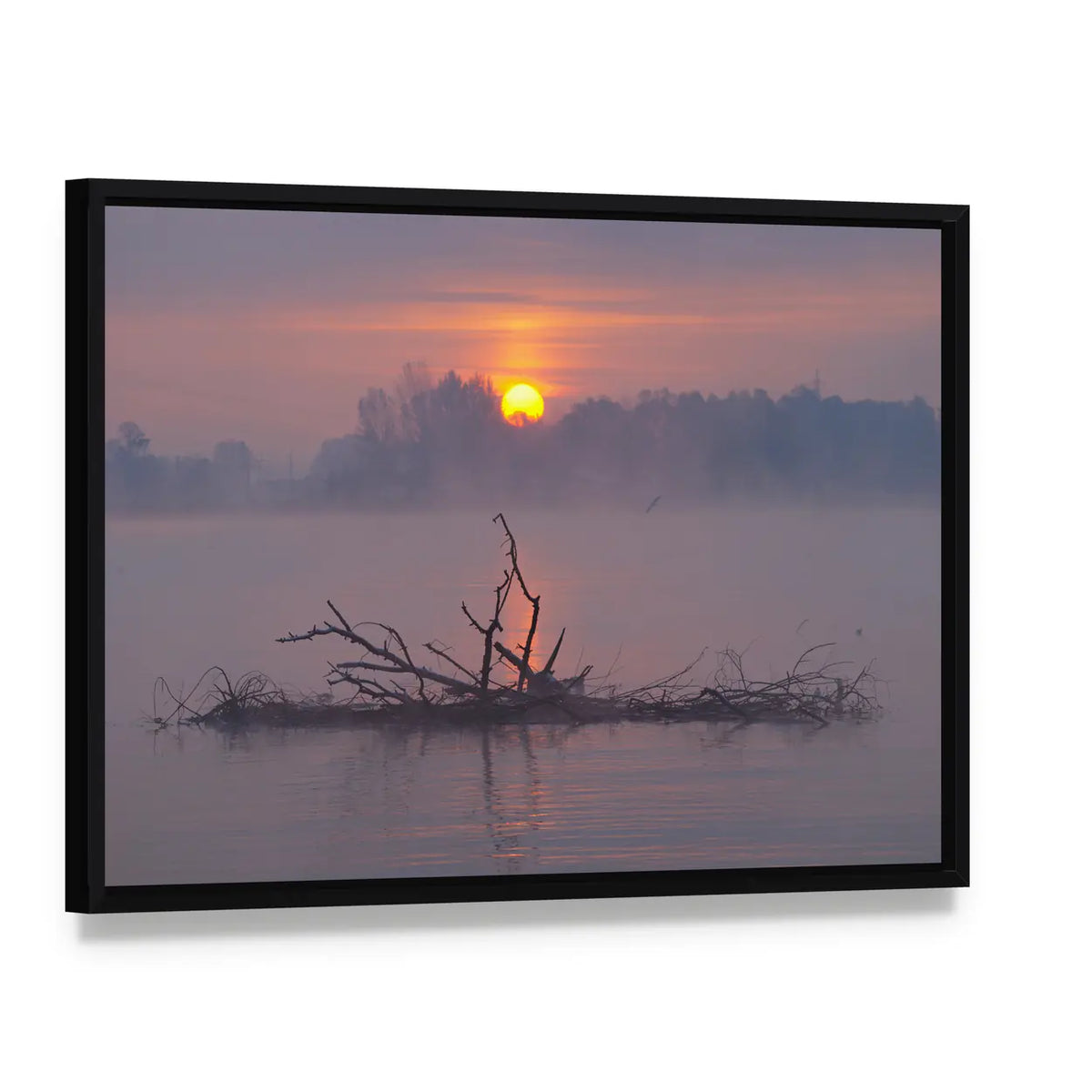 Misty Lake Sunrise Canvas Wall Art, framed canvas in a black floater frame, angled product view