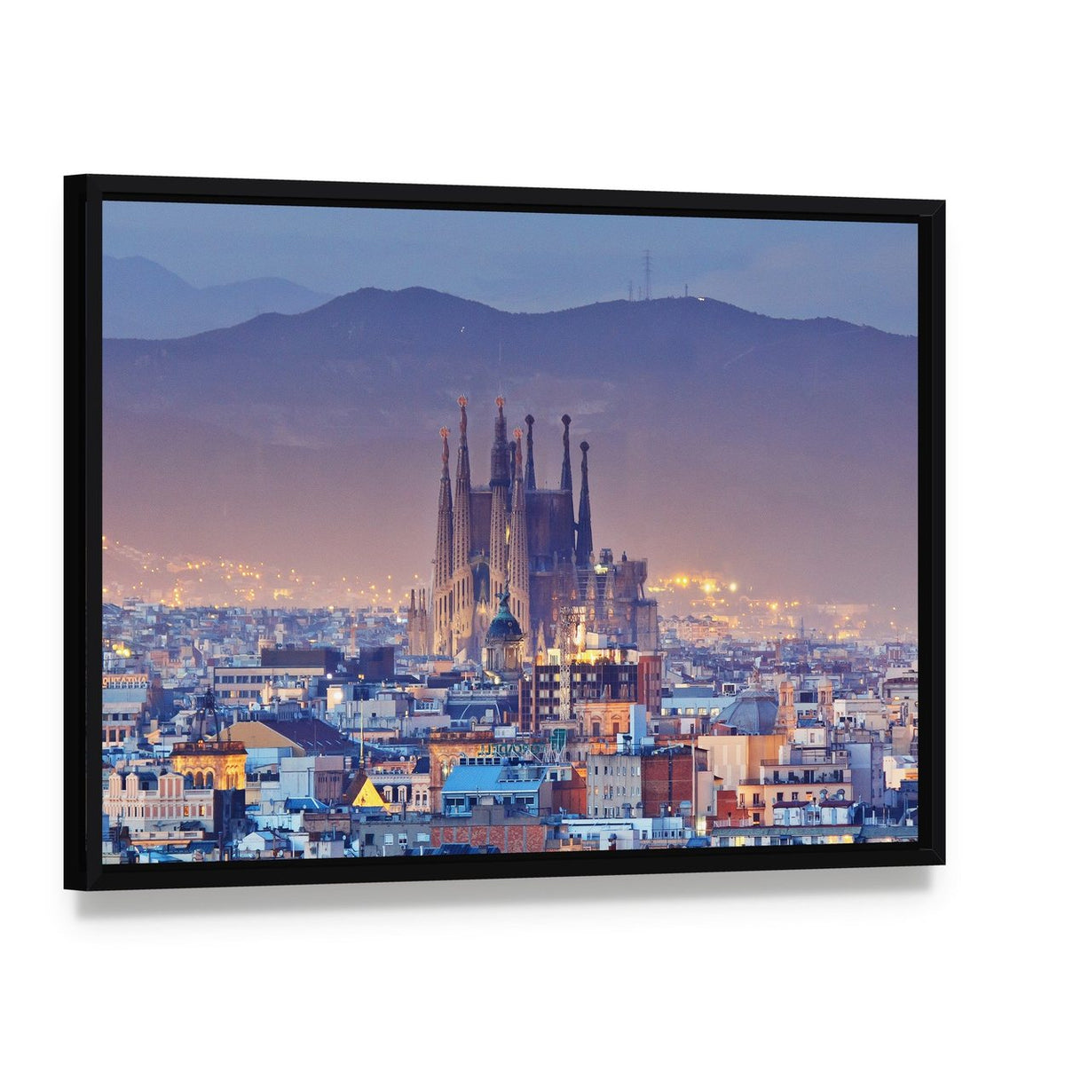 Barcelona at Night Canvas Wall Art, framed canvas in a black floater frame, angled product view