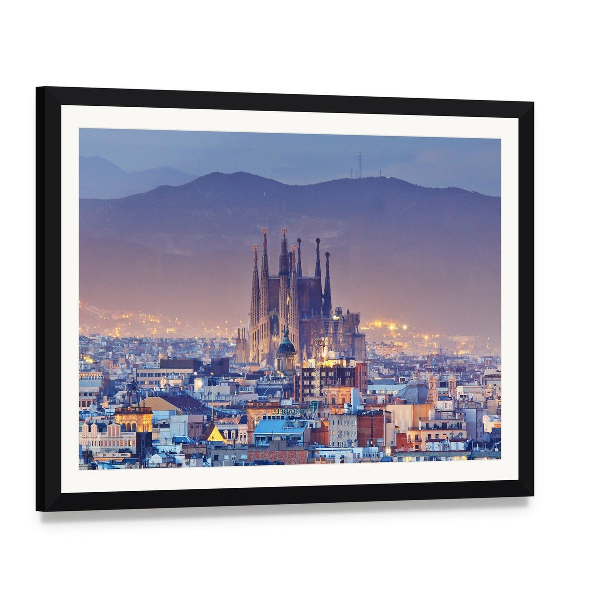 Barcelona at Night Canvas Wall Art, framed print with white mat and black frame, angled product view