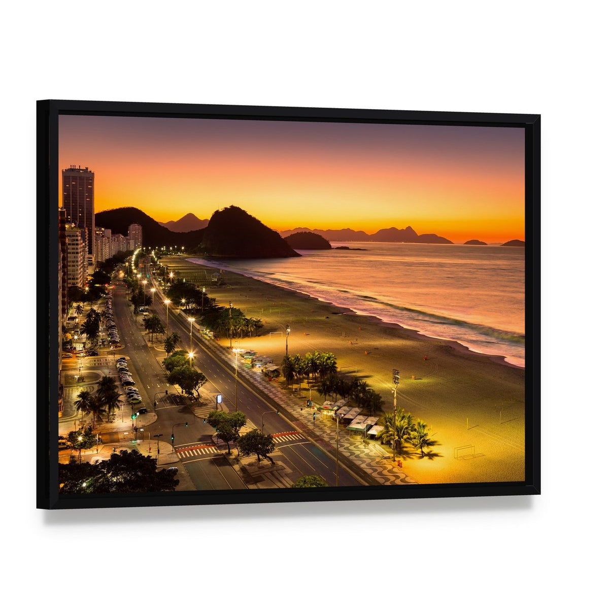 Copacabana Beach at Dawn Canvas Wall Art, framed canvas in a black floater frame, angled product view