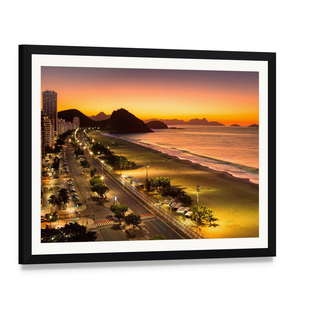 Copacabana Beach at Dawn Canvas Wall Art, framed print with white mat and black frame, angled product view
