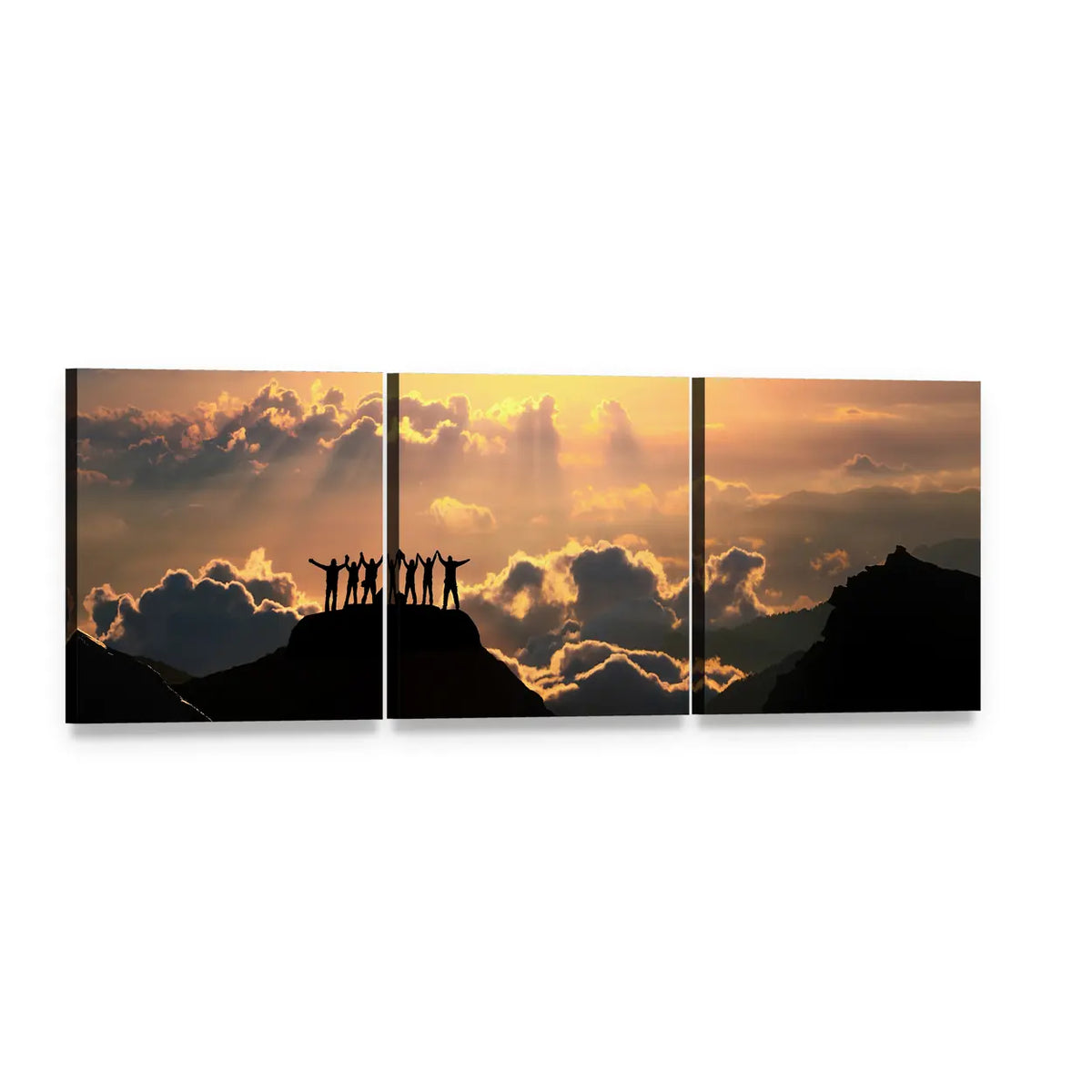 Victorious Silhouettes on Mountain Peak Panoramic Canvas Wall Art, 3 panel 3 Piece layout gallery wrapped canvas set, angled product view