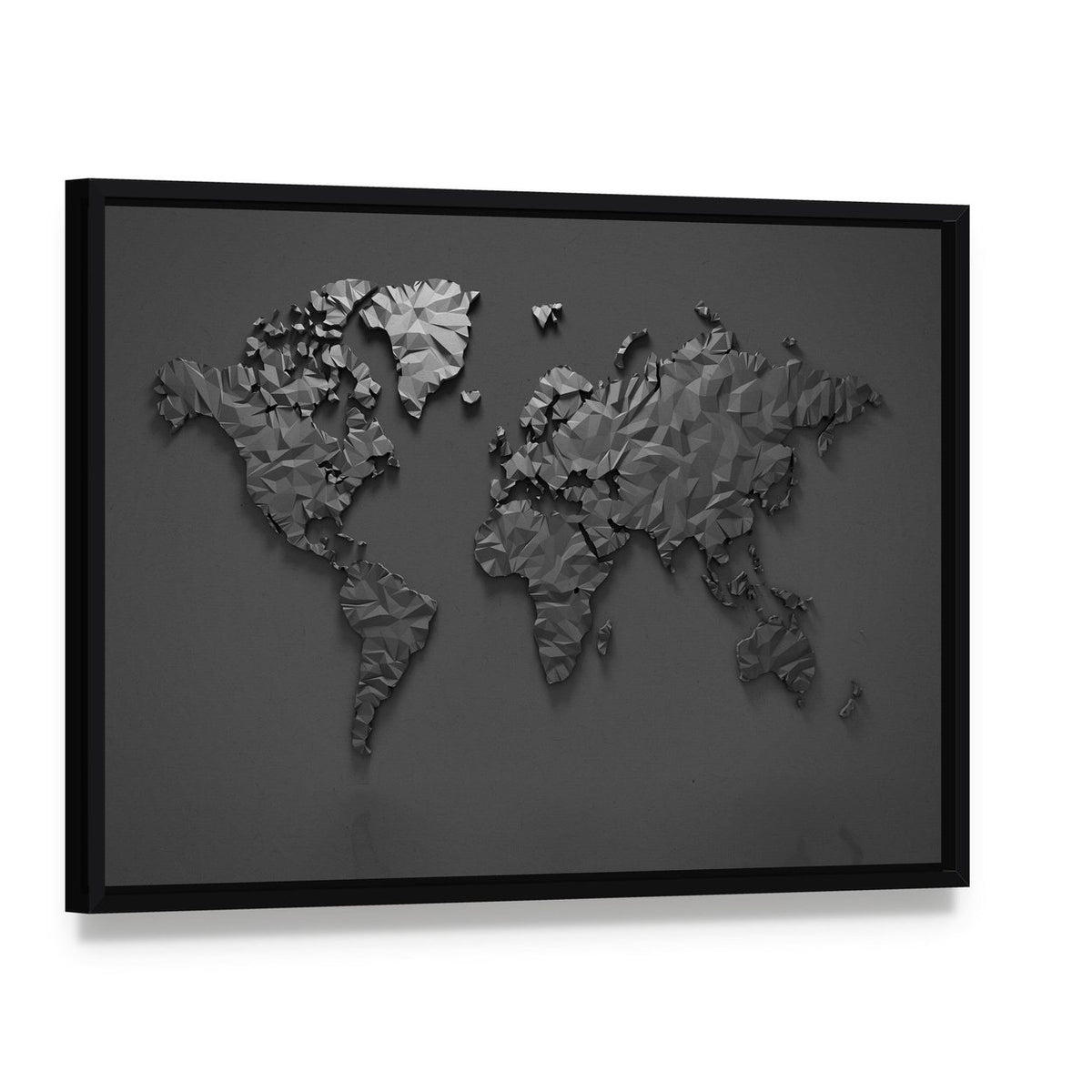 Origami 3d World Map Canvas Wall Art, framed canvas in a black floater frame, angled product view