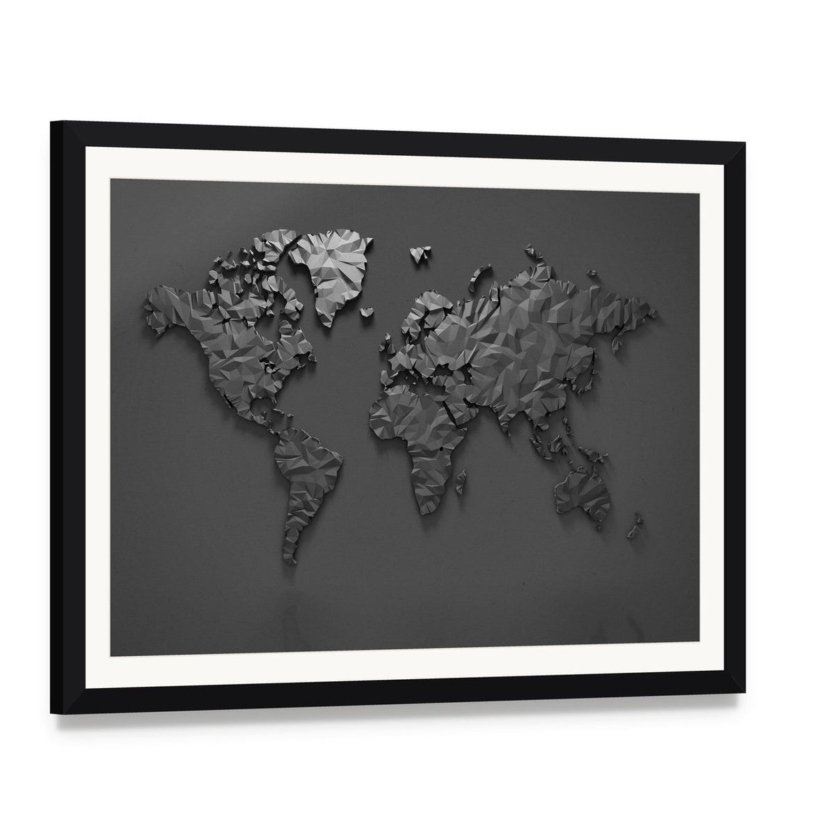 Origami 3d World Map Canvas Wall Art, framed print with white mat and black frame, angled product view