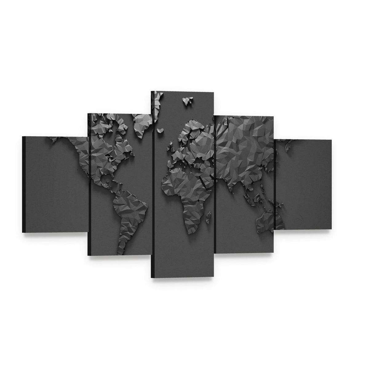 Origami 3d World Map Canvas Wall Art, 5 panel 5 Star layout gallery wrapped canvas set, angled product view