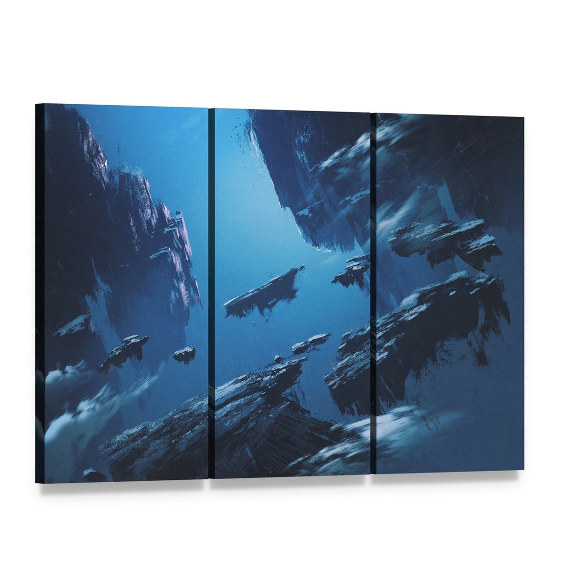 Floating Island with Spaceships Canvas Wall Art, 3 panel 3 Horizontal layout gallery wrapped canvas set, angled product view