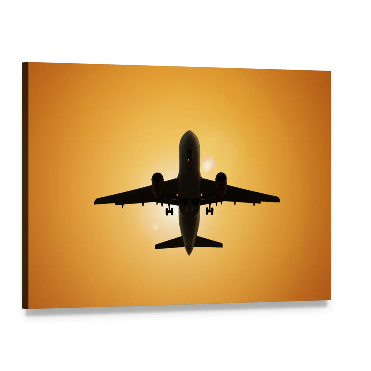 Airplane Silhouette Against the Sun Canvas Wall Art, single panel gallery wrapped canvas, angled product view