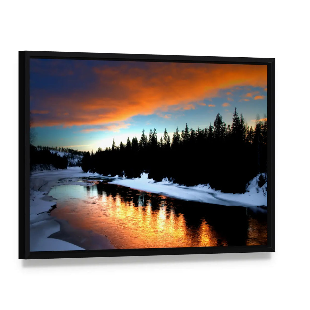 Winter River From Lapland Canvas Wall Art, framed canvas in a black floater frame, angled product view