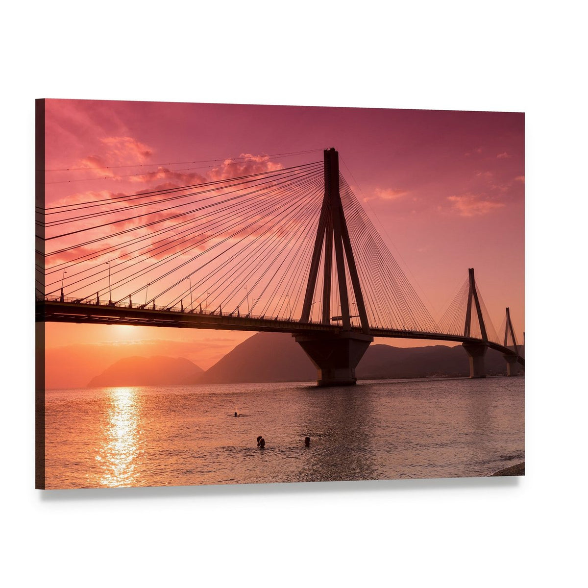 Cable-stayed Bridge at Sunset Canvas Wall Art, single panel gallery wrapped canvas, angled product view