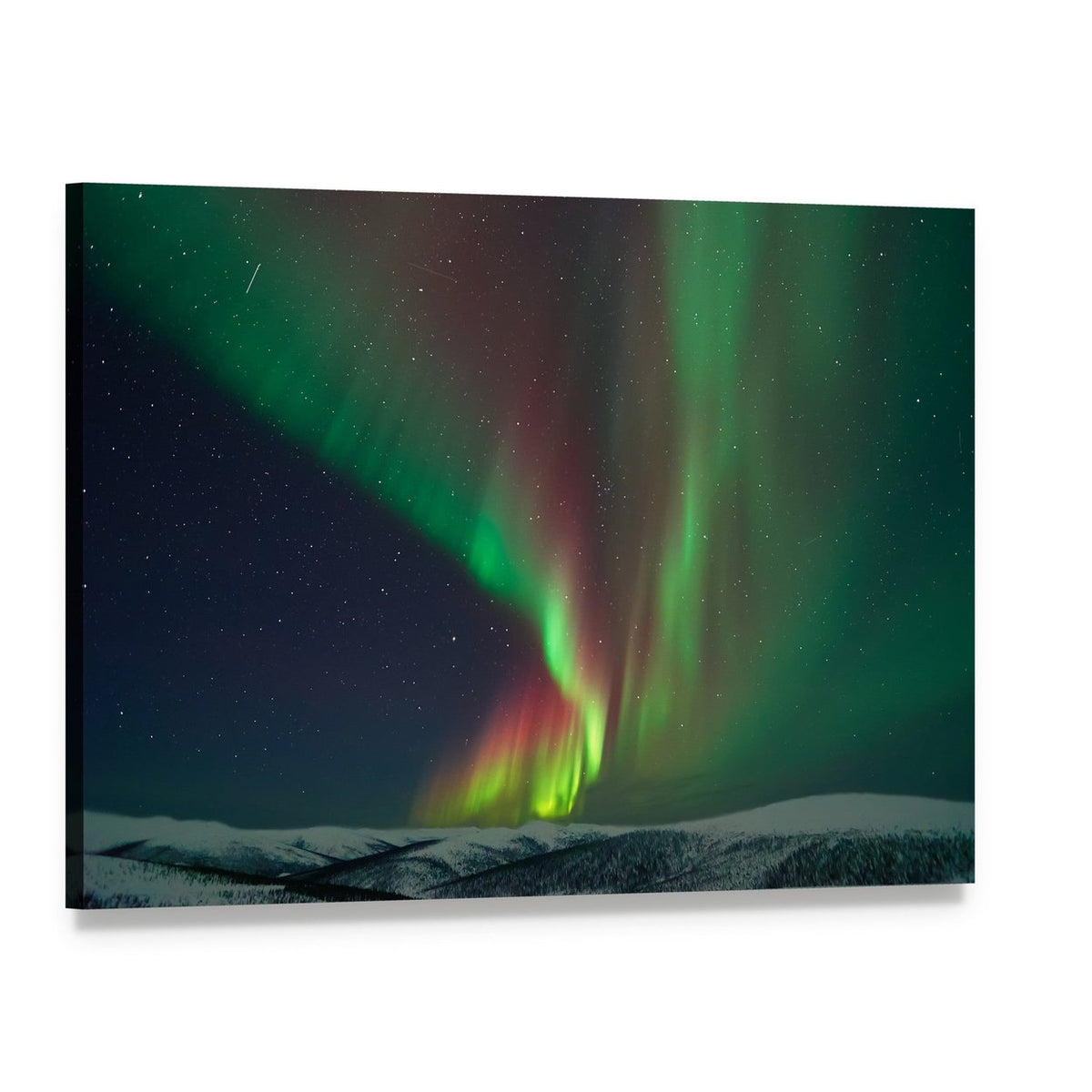 Aurora Borealis and Meteors Over Snowy Mountains Canvas Wall Art, single panel gallery wrapped canvas, angled product view