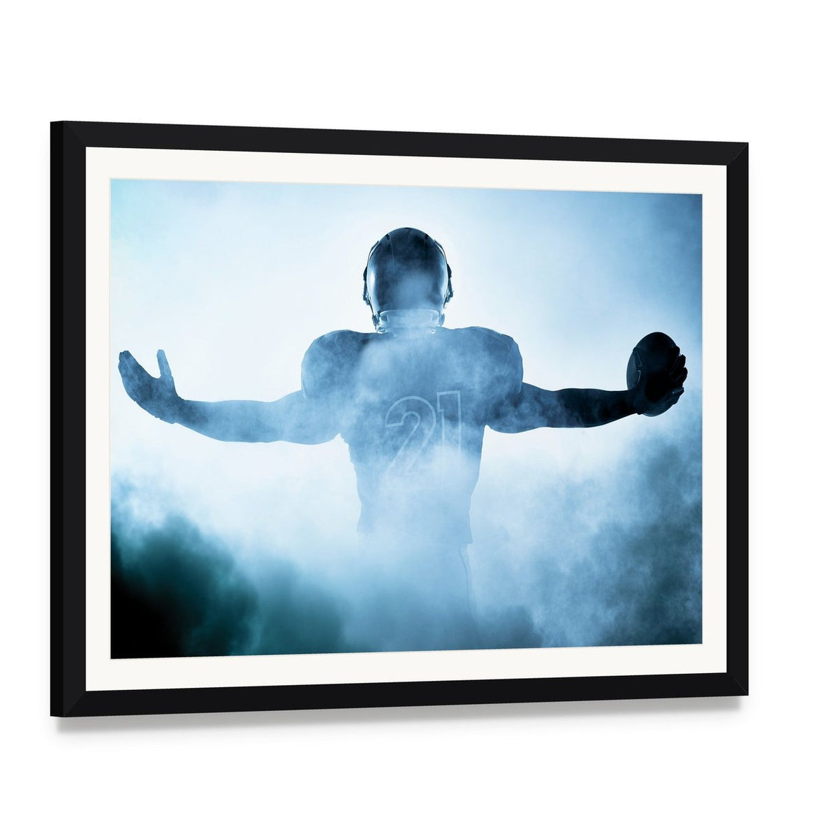 Football Player Portrait Silhouette Canvas Wall Art, framed print with white mat and black frame, angled product view