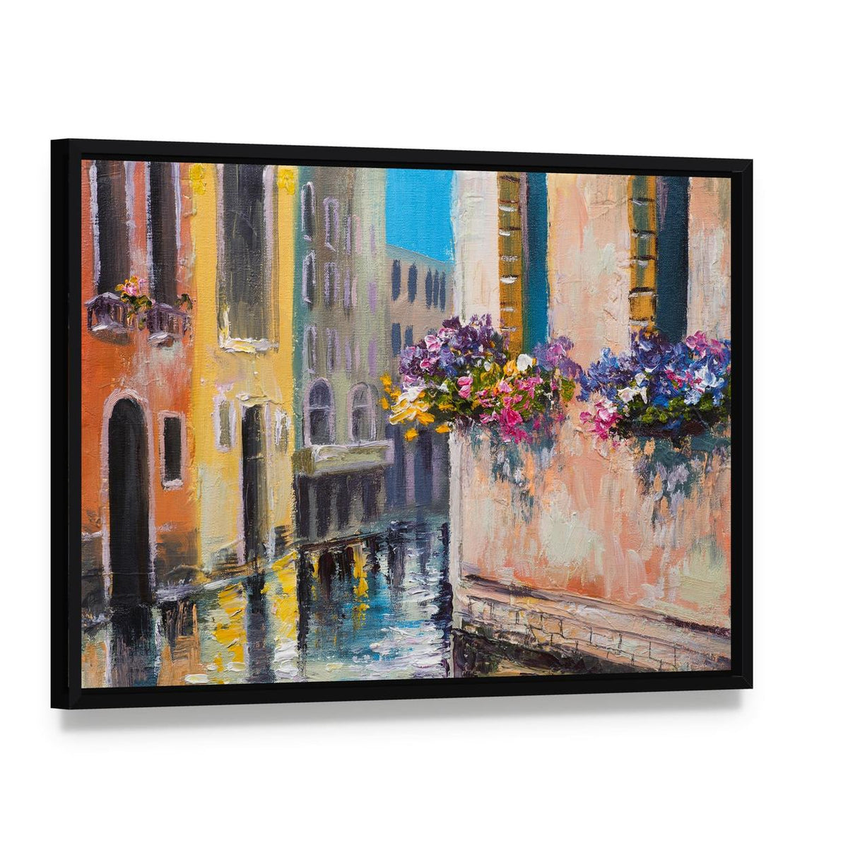 Watercolor Canal in Venice Italy Canvas Wall Art, framed canvas in a black floater frame, angled product view