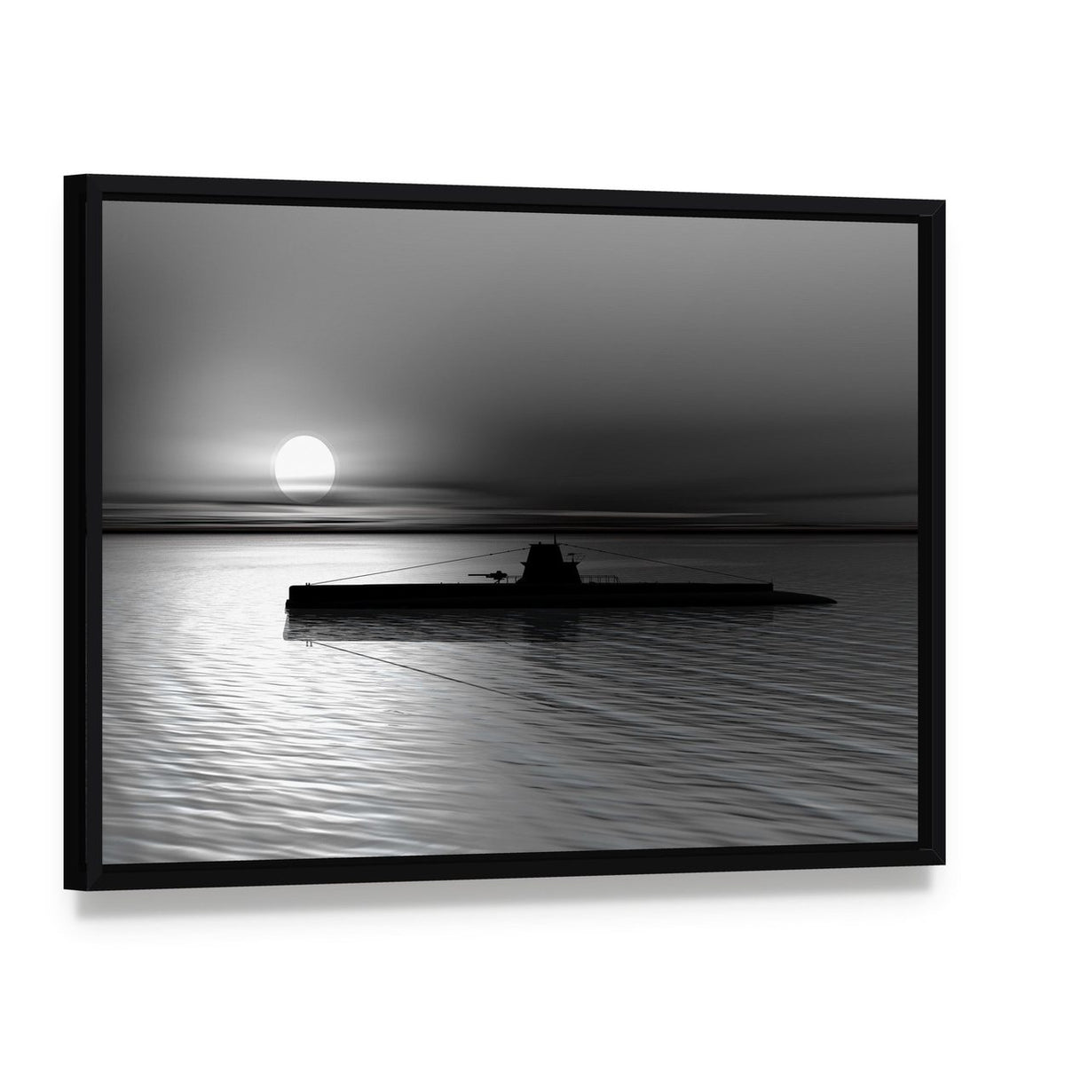 Submarine Sunset Reflection Canvas Wall Art, framed canvas in a black floater frame, angled product view