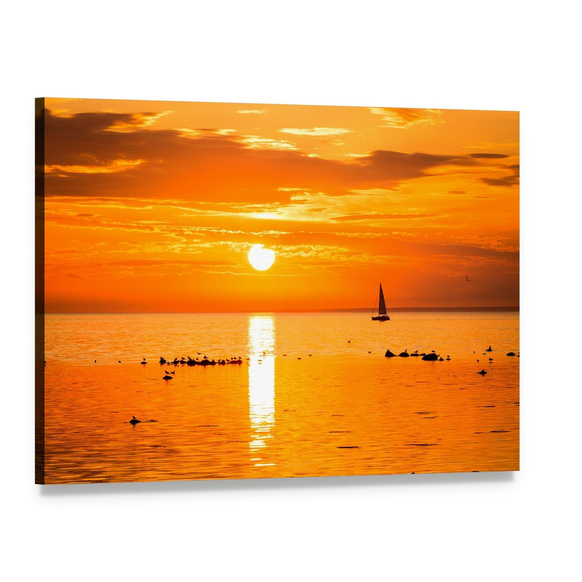 Sailboat at Sunset Over Ocean Canvas Wall Art, single panel gallery wrapped canvas, angled product view