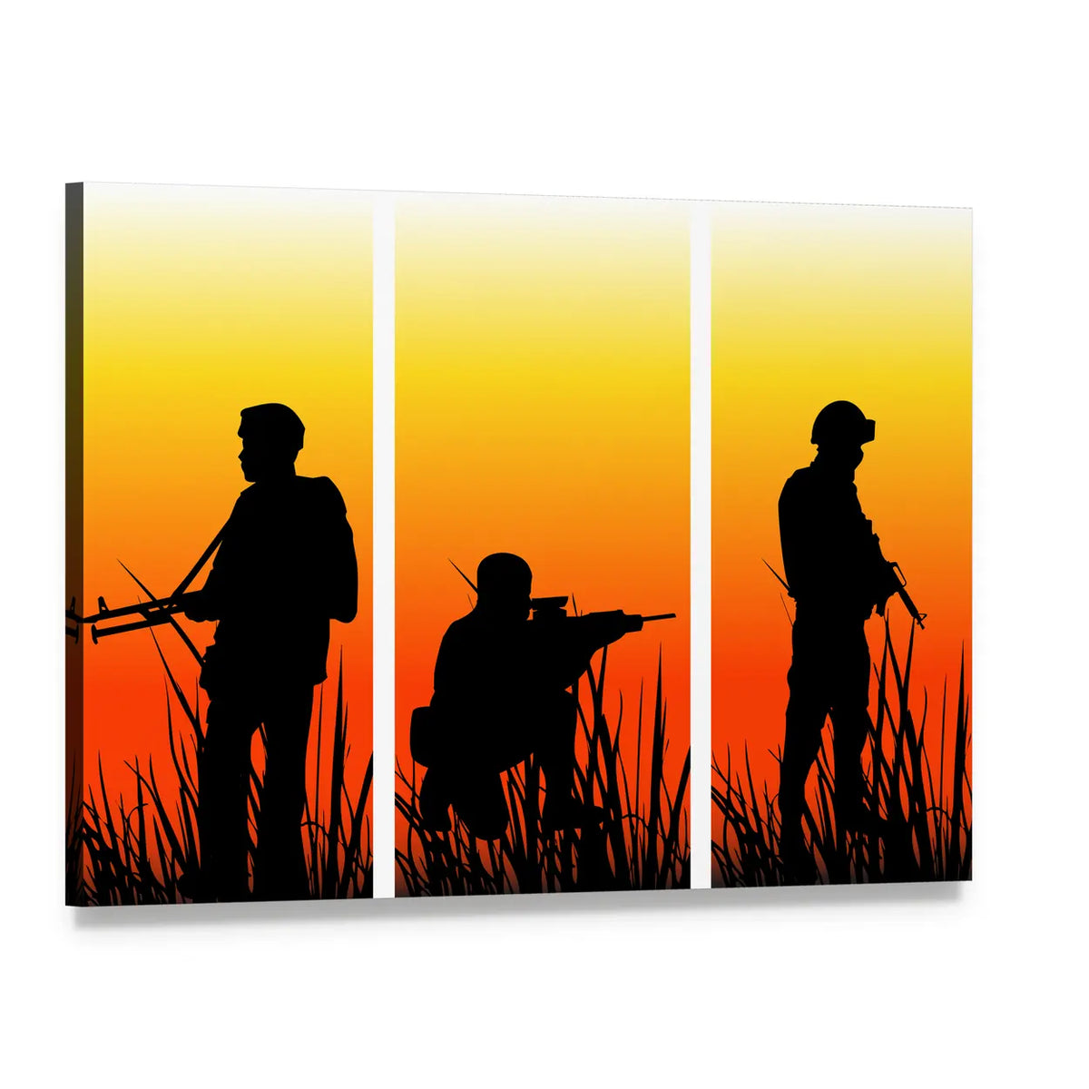 Three Soldier Silhouettes at Sunset Canvas Wall Art, single panel gallery wrapped canvas, angled product view
