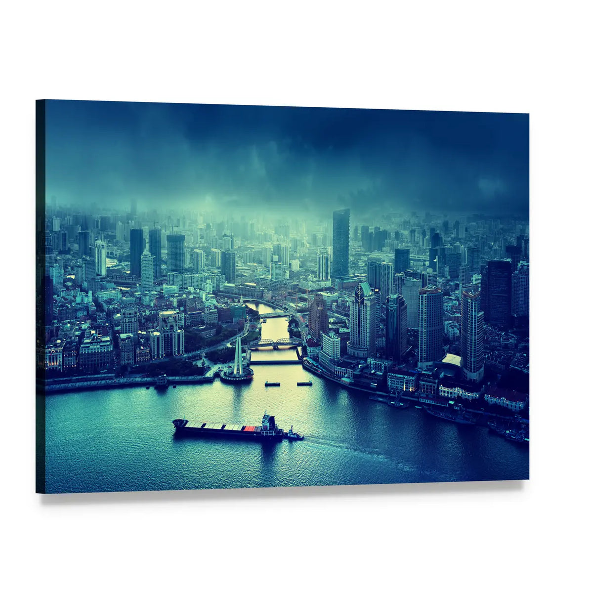 Shanghai Skyline with Tugboat and Cargo Ship Canvas Wall Art, single panel gallery wrapped canvas, angled product view
