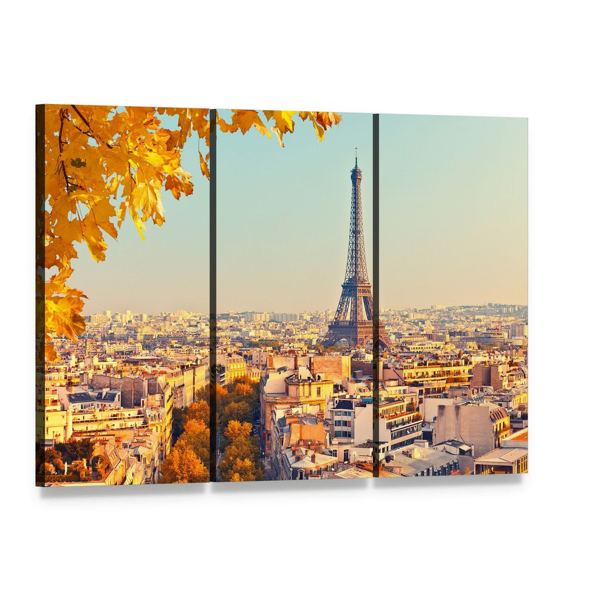 Eiffel Tower in Paris, Autumn Canvas Wall Art, 3 panel 3 Horizontal layout gallery wrapped canvas set, angled product view