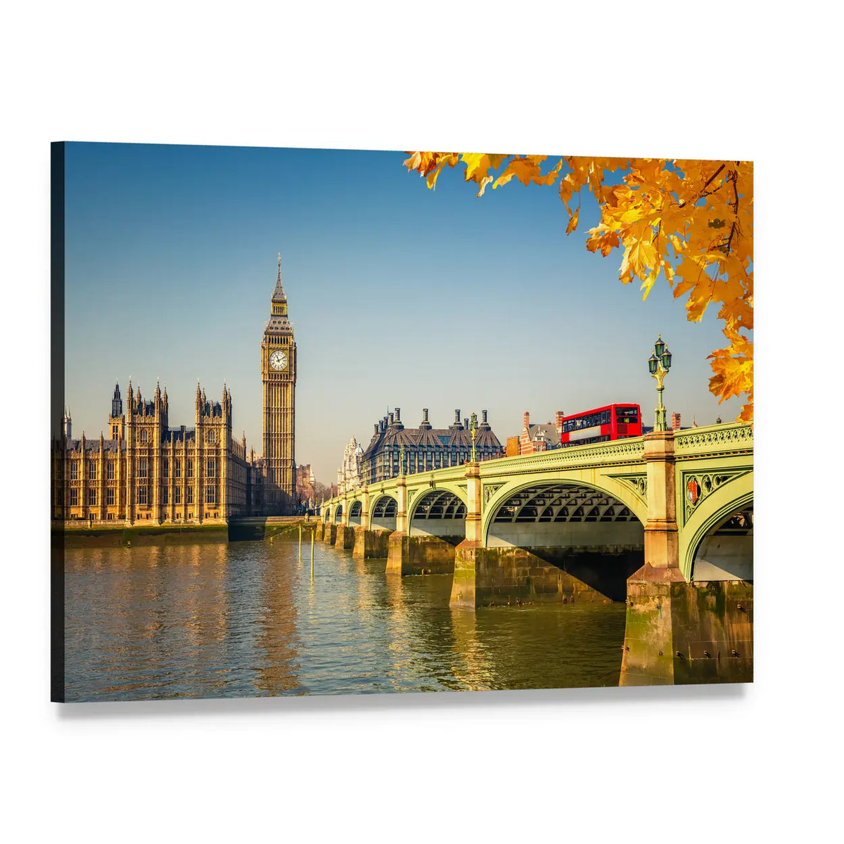 Big Ben and Westminster Bridge Canvas Wall Art, single panel gallery wrapped canvas, angled product view